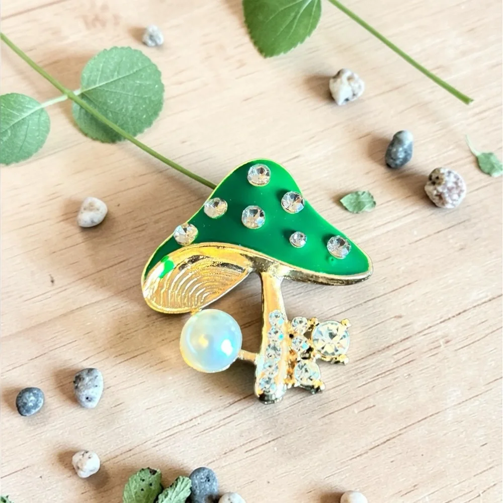Mint Green Enamel Mushroom Brooch with Faux Pearl &‎ Rhinestones